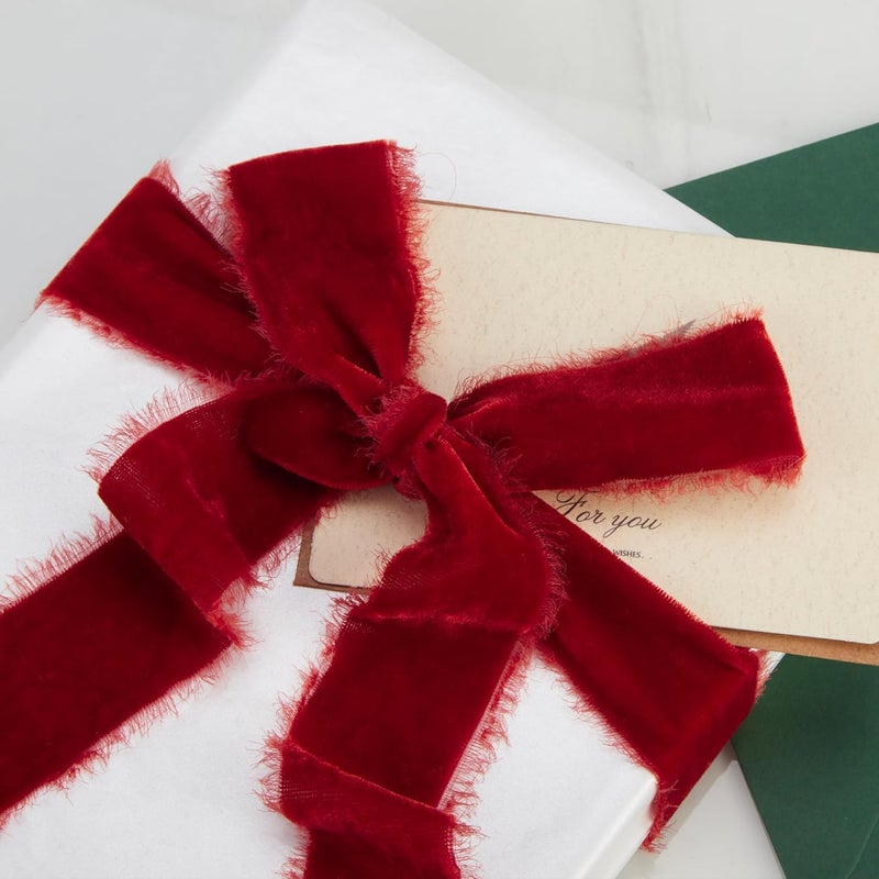 Keypan Red Velvet Ribbon for Christmas Tree - 1 1/2 inch Wide Handmade Fringe Fabric Ribbons for Gift Wrapping, Baby Shower, Flower Bouquet - Image 4